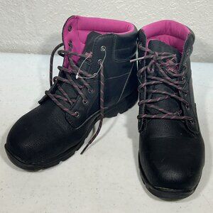 Womans Work Boot Black Steel Toe Slip Resistant Leather Size 9 Brahma Pink Inner